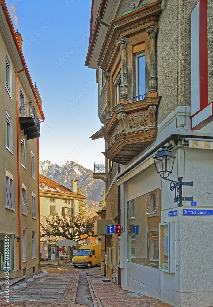 Street view and the Alps in the City of Bad Ragaz