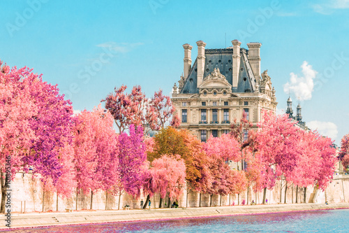 Fotografiet View near the Seine in Paris, Louvre, France