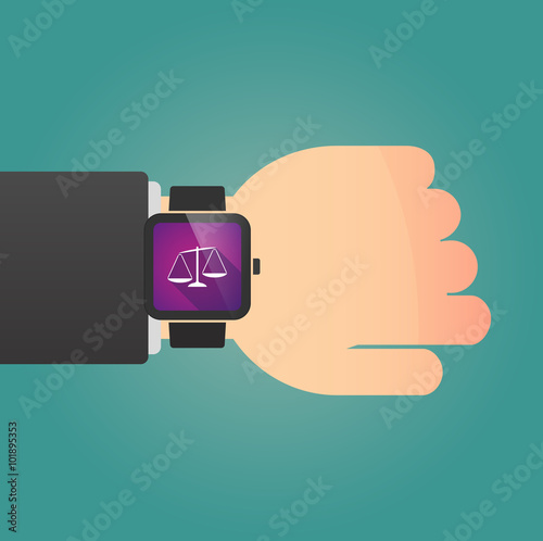 Man showing a smart watch with  an unbalanced weight scale