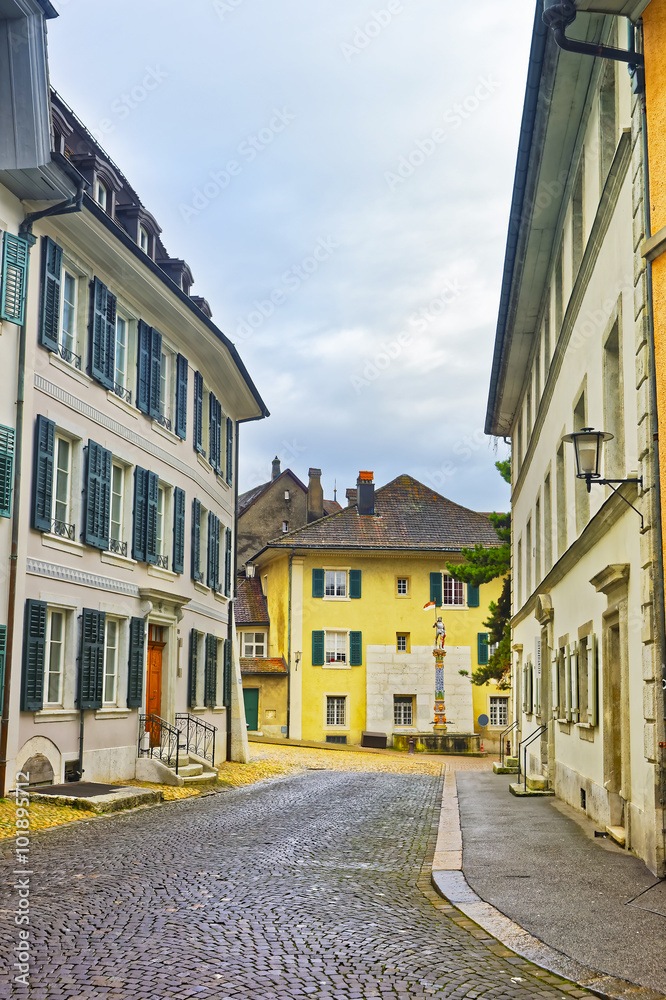 Street view with Fountain in the Old Town of Solothurn
