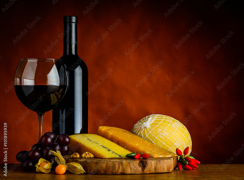 Fotografie Red Wine and Cheese with Copy Space