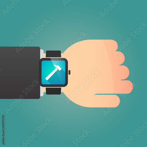 Man showing a smart watch with a hammer