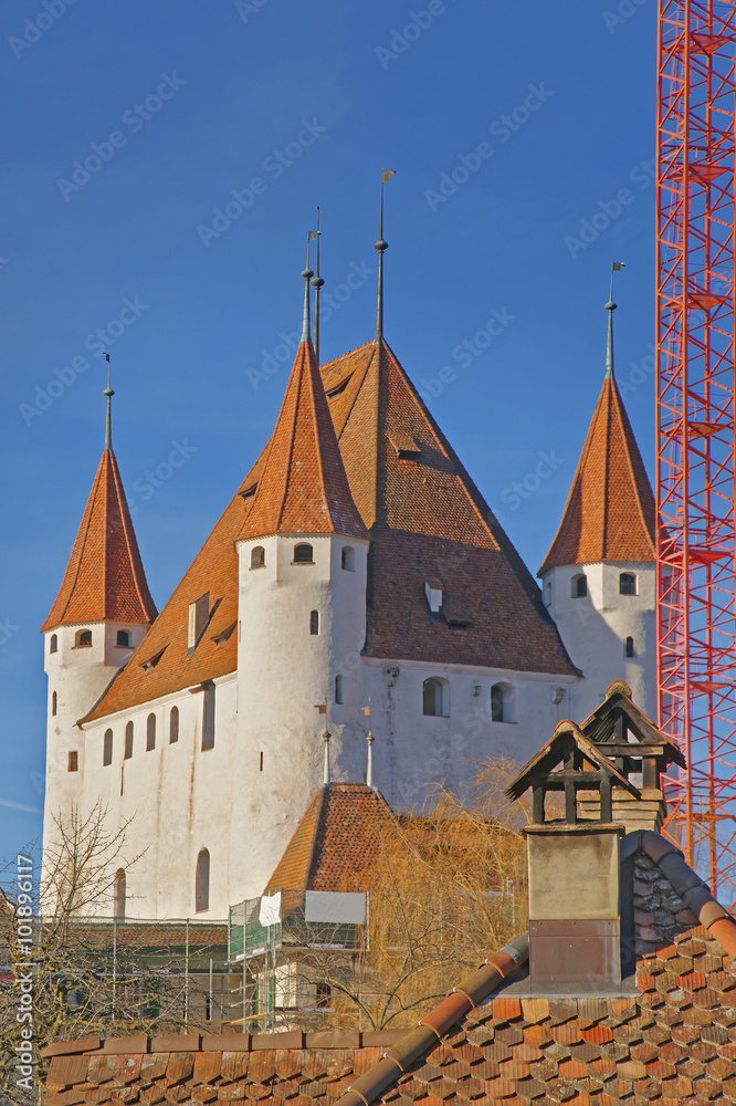 View on Thun Castle and tile roofing in Switzerland