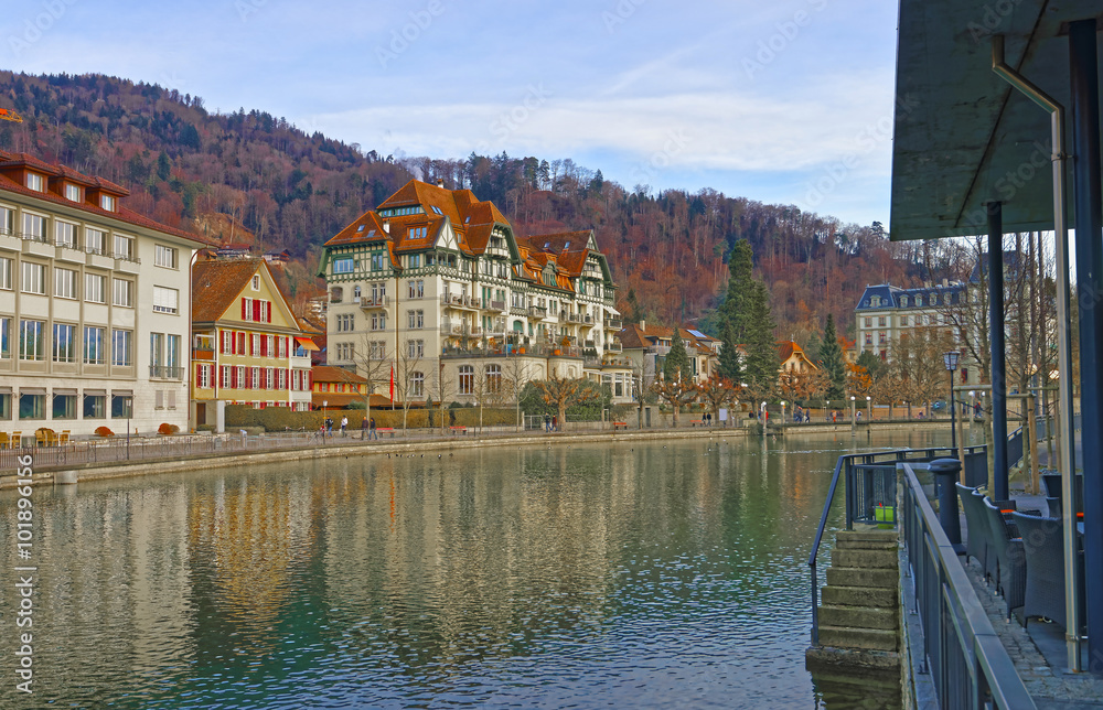 Houses on the Embankment in Old City of Thun