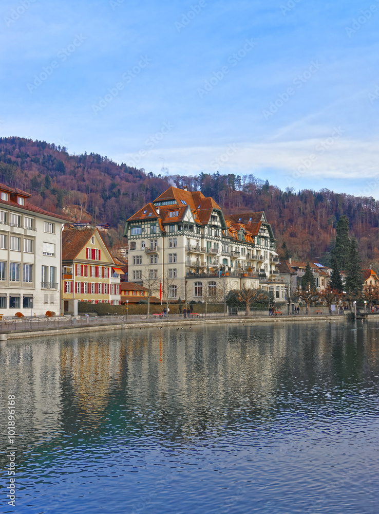 Houses on the Embankment in Old Town of Thun