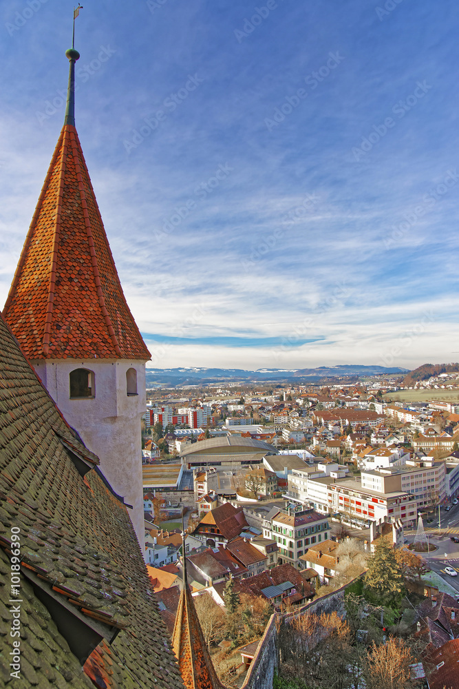 Tower of Thun Castle with Panorama of Town and Alps