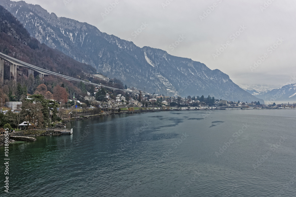 Long bridge above Montreux and Lake Geneva in winter