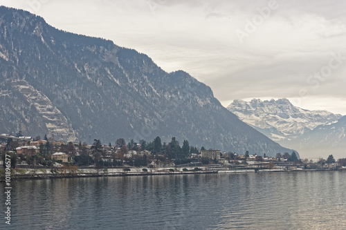 Panoramic View of Montreux and Lake Geneva in winter