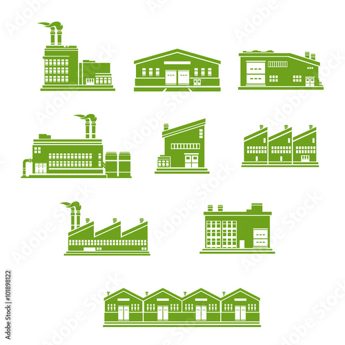 Icon illustration of green factory warehouse buildings.
A vector illustration set of green eco industrial plants or factory warehouses.