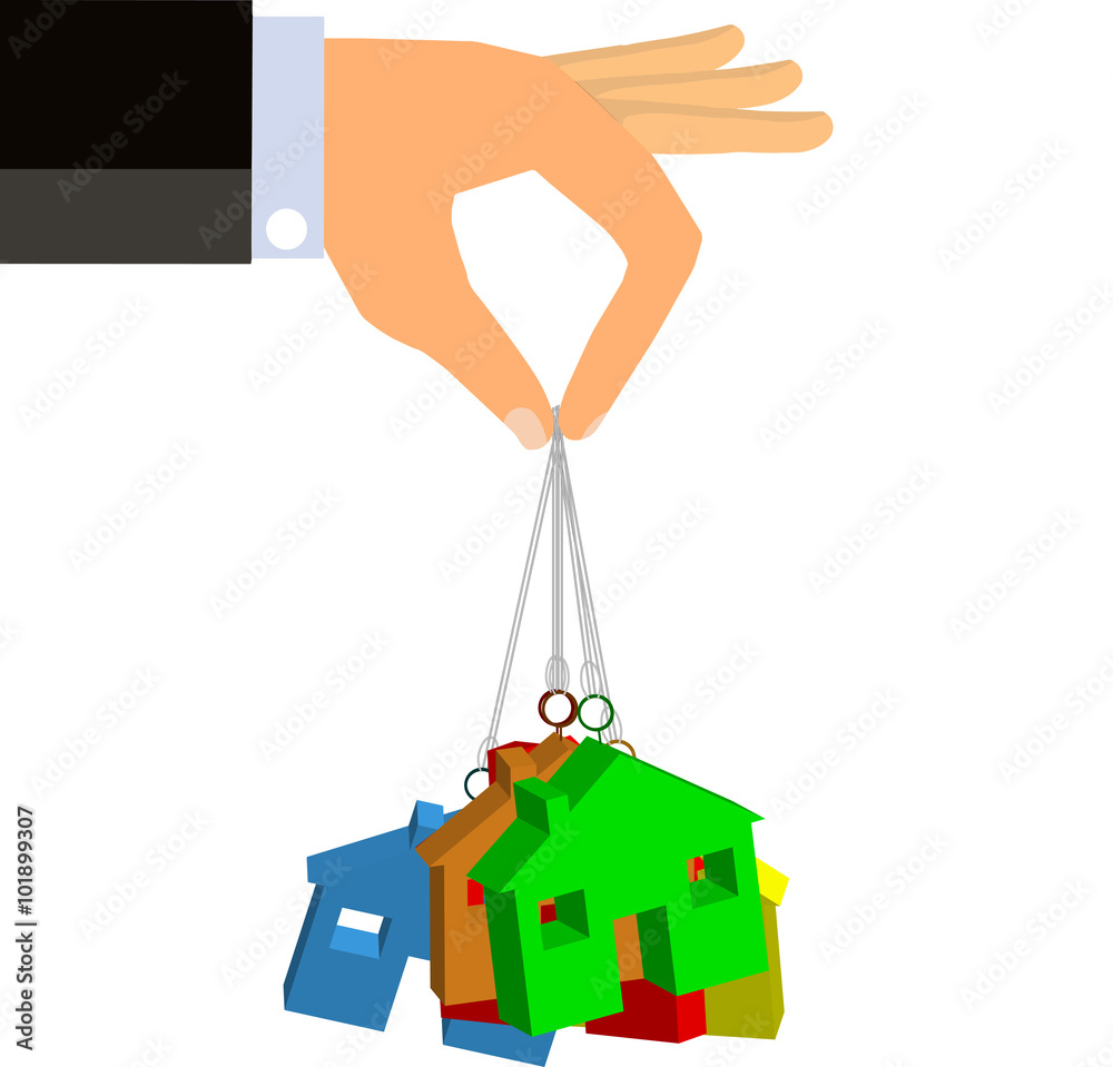 Naklejka premium Affordable Housing (Vector). An illustration of a man in suit's extended hand dangling a set of housing units suspended on strings.
