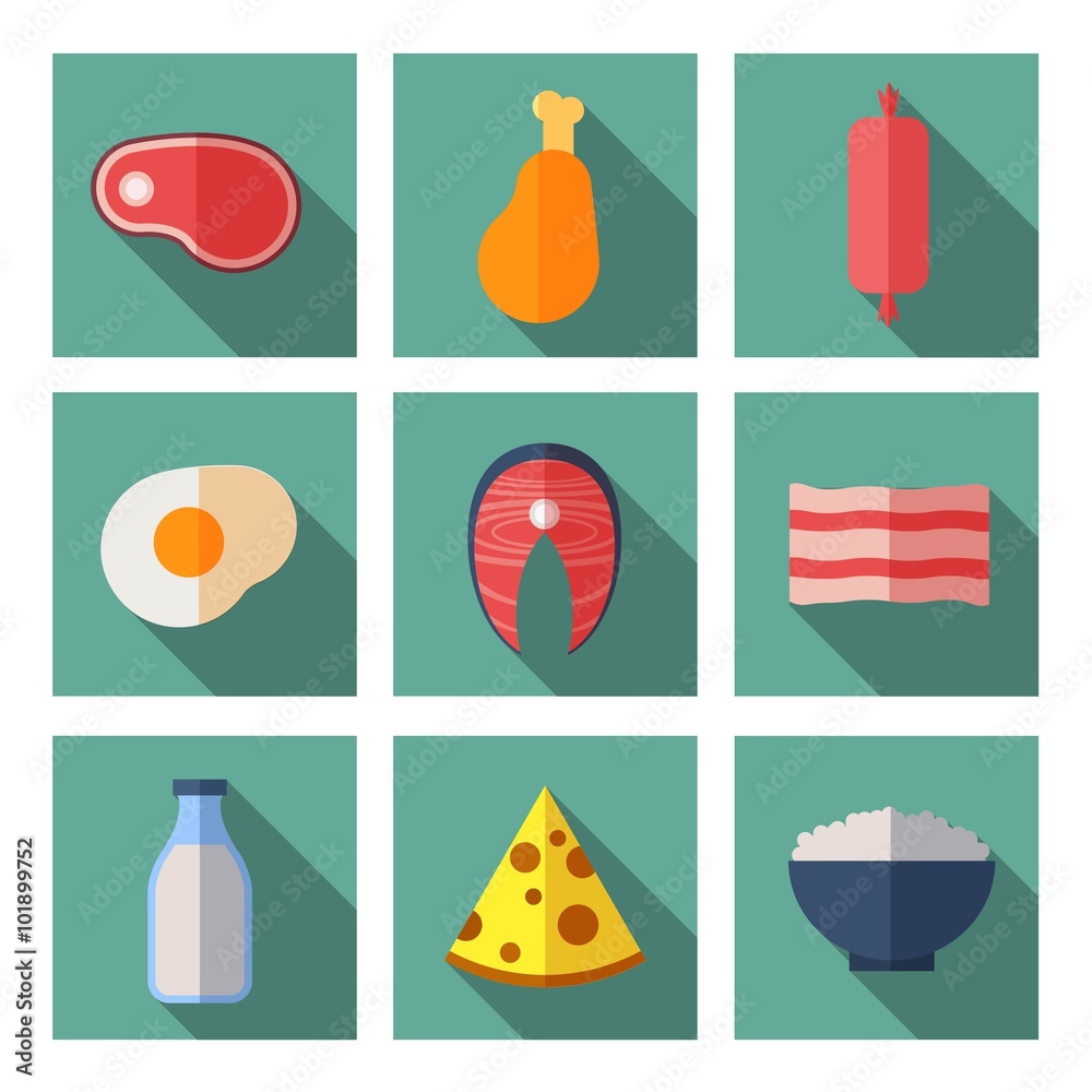 Meat and dairy products containing animal protein. Flat vector icons set. Milk bottle, natural organic fish and chicken leg illustration
