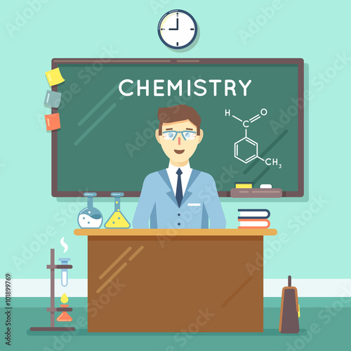 Chemistry teacher in classroom. School science study, university man research. Vector illustration flat education background