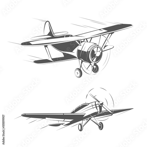 Biplane and monoplane aircrafts for vintage emblems, badges and logos vector set. Aviation airplane transportation illustration