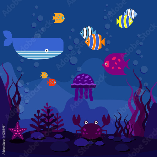 Underwater world. Ocean or sea, fish in aquarium and whale,  vector illustration