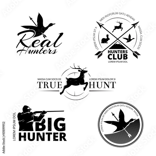 Hunting club vector labels, logos, emblems set. Animal deer and rifle, aim and reindeer illustration