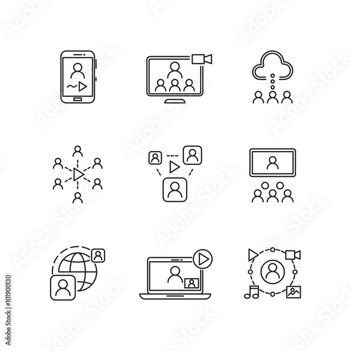 Video conference and online communication vector line icons. Conference online, communication business conference sign,  online videochat communicating illustration