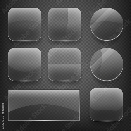 Glass square, rectangular and round buttons on checkered background. Gloss glass, blank glass, empty round glass, shiny glass button, rectangular transparent glass. Vector illustration icons set