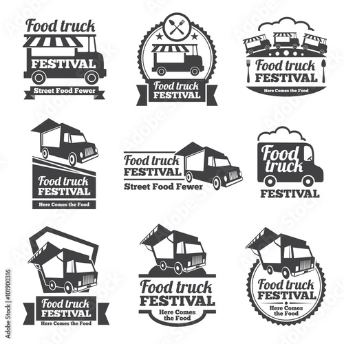 Food truck festival emblems and logos vector set. Festival street food, badge food festival, emblem food truck illustration
