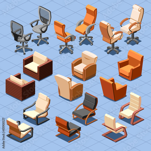 Chair and armchair isometric vector set. Chair interior armchair furniture, isometric chair, seat armchair business or home illustration