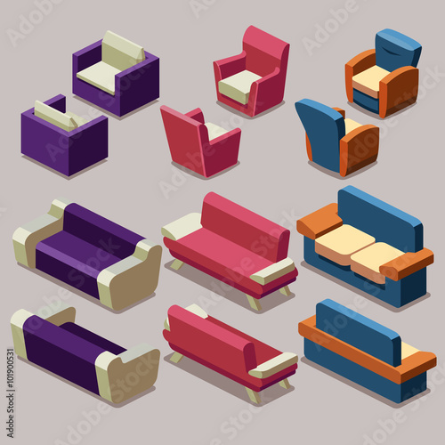 Living room isometric furniture vector set. Sofa and armchairs. Sofa interior, armchair furniture, isometric sofa and armchair illustration