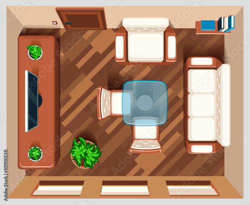 Living room with furniture top view. Interior room for living, house room, view top room, table and armchair furniture illustration
