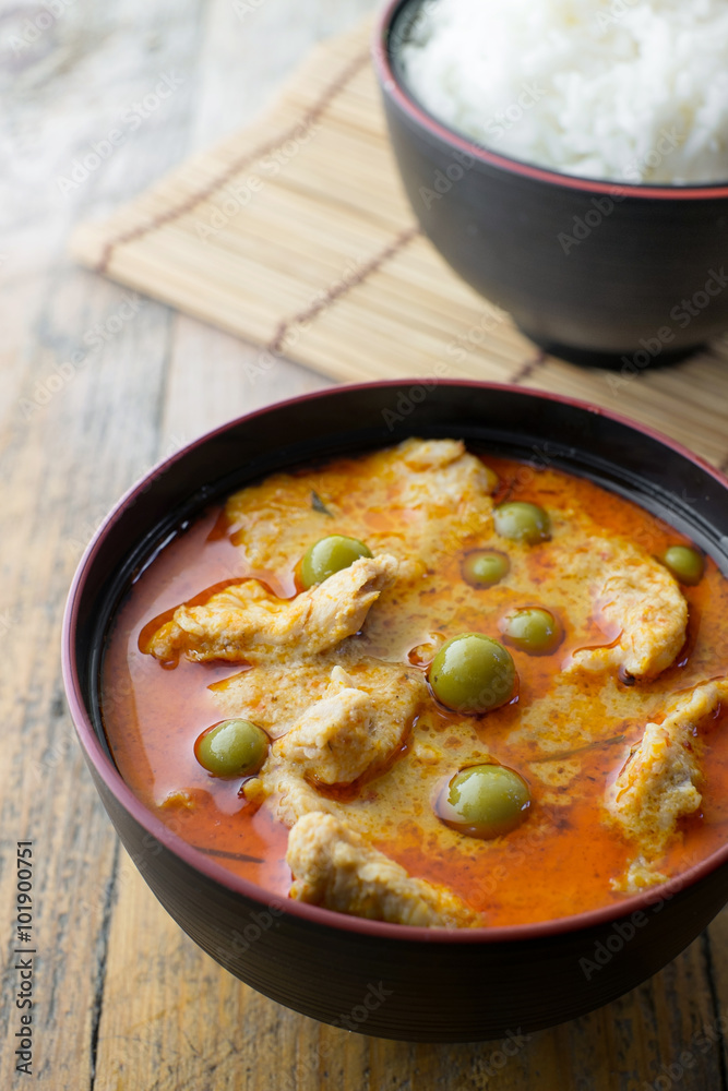 top view of chicken red curry with rice