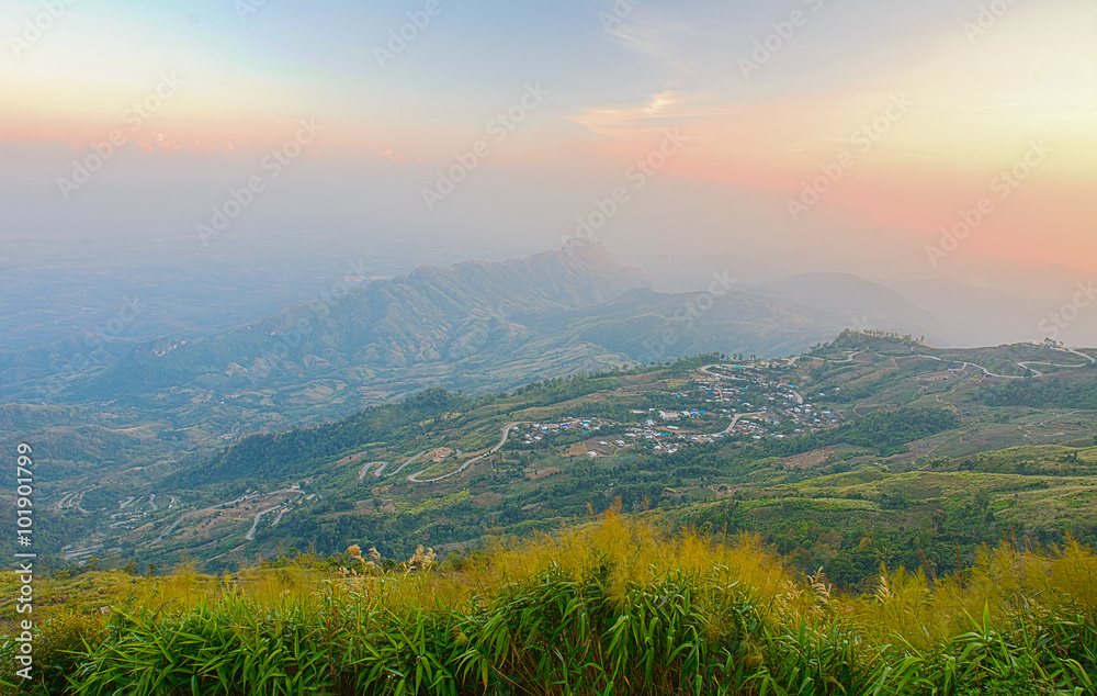 Landscape of rural city in mountain at  sunset time  - Phu thap buek is  a popular tourist attraction in Phetchabun province Thailand. HDR processed.