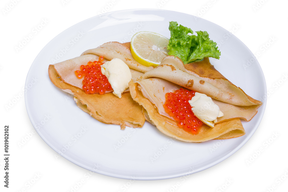 Pancakes (rolls) with caviar and butter Pancakes (rolls) with caviar and butter