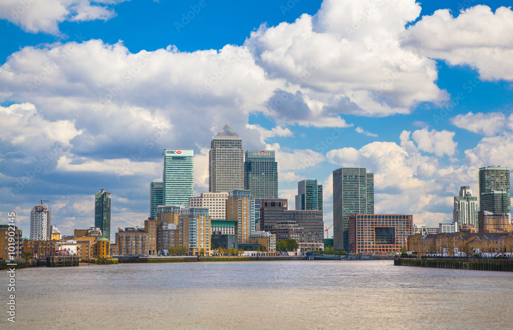 LONDON, UK - APRIL 30, 2015: Canary Wharf view in sunny day. view from the River Thames