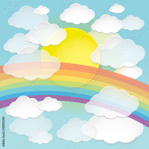 Vector abstract paper clouds, sun and rainbow in the blue sky.