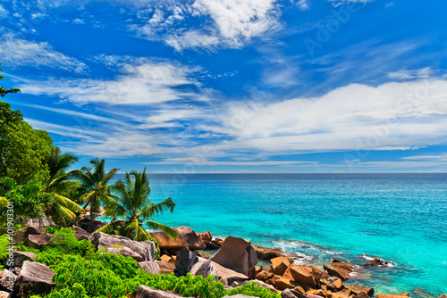 Tropical beach, La Digue island. The Seychelles