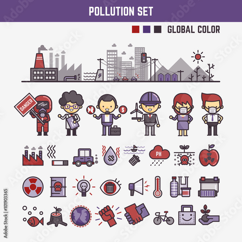 Pollution Icons and Characters Set for Environmental Awareness
