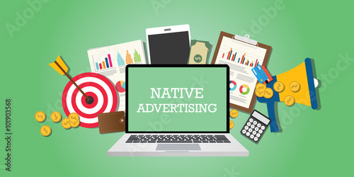 native advertising concept with marketing media and tools illustrated in laptop