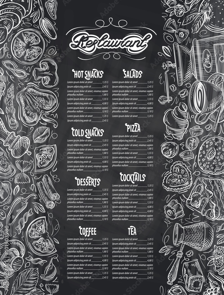 vector hand drawn menu restaurant sketch and food, drinks doodle - obrazy, fototapety, plakaty 