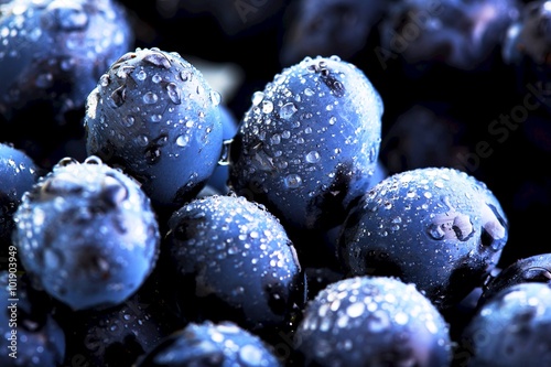 Fotografie Ripe bunch of  blue grapes closeup with shining water drops