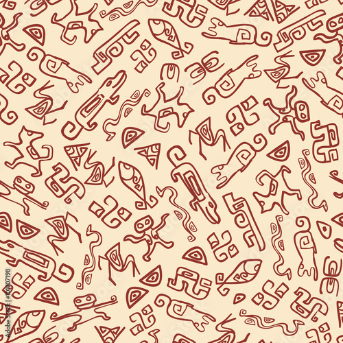 Seamless ethnic pattern with animal and symbols ornament. Vintage old color hand drawn background. Tribal ancient ornament.