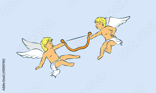 Cartoon cupid angels fun fight for the one bow, valentine's day card decoration. 