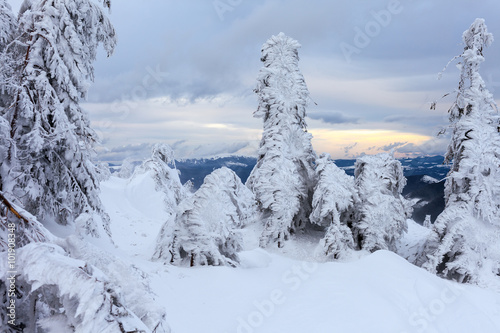 Bad weather in the mountains. Winter landscape. Cloudy evening with storm clouds. Carpathians, Ukraine, Europe