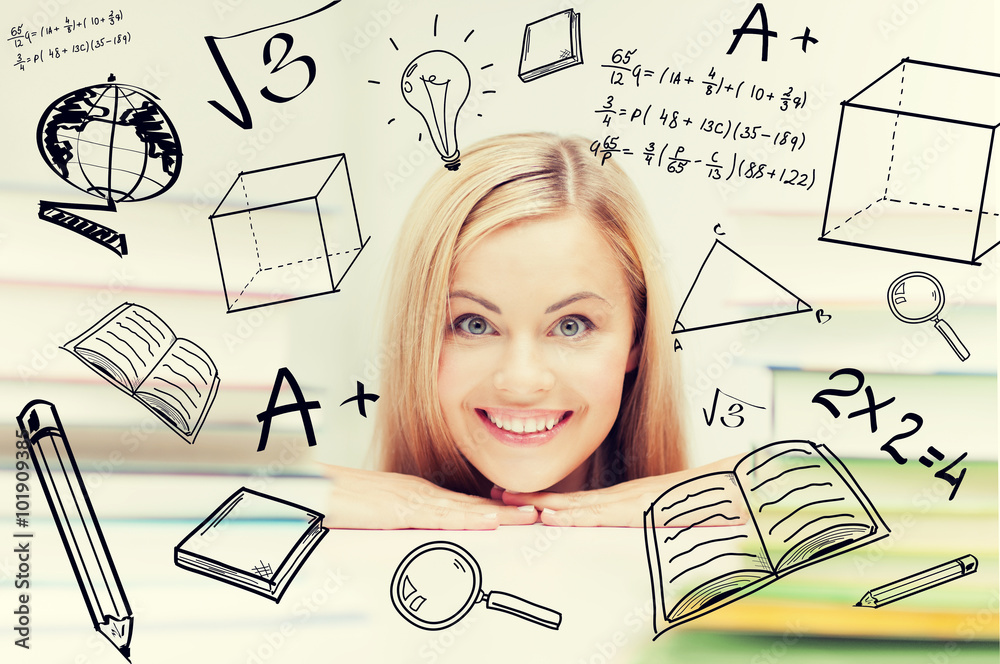 Fototapeta premium student with stack of books and doodles
