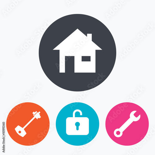Home key icon. Wrench service tool symbol.
