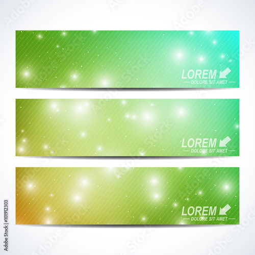 Set of the vector horizontal banners. Background science, connection, chemistry, biology, medicine, technology. Modern design