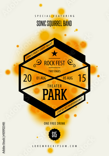 Music poster template. Vector Hipster label on orange bubbles background. Text instructions included hidden layer.