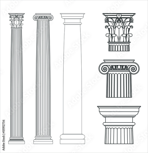 Set of ancient Greek columns. Doric, Ionic and corinthian style. photo