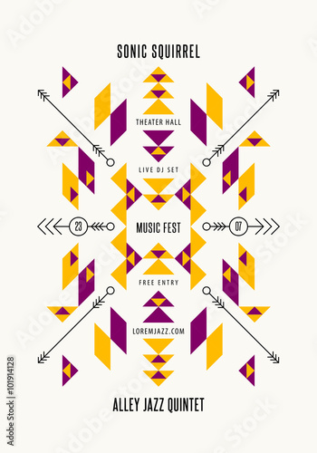 Music poster template. Vector tribal, ethnic, aztec, indian art elements. Flyer, banner, card, cover, fashion, apparel graphic design.