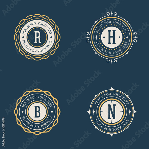 Vector vintage insignia, monogram, frame, label, logo design template set.