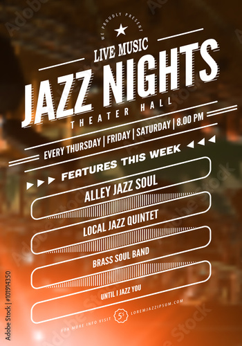 Jazz music poster template. Text instructions included in hidden layer. Vector blurred concert stage background. 