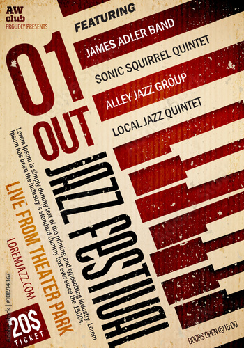 Jazz music poster template. Text instructions included in hidden layer. 20 / -70 deg. rotation. Texture effects can be turned off.