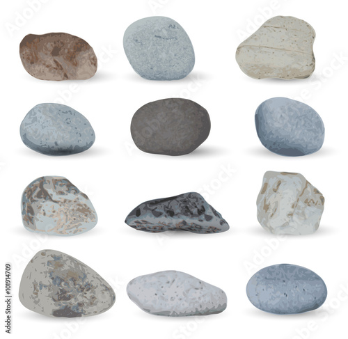 Grey sea stones collection isolated on white background. Vector illustration.