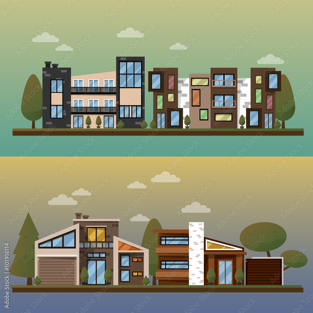 Φωτογραφία Vector flat illustration of two family house and sweet home banners outdoor street, private pavement, backyard with garage