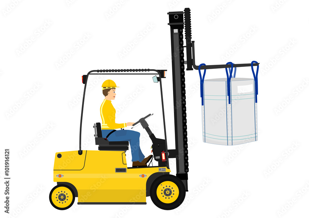 Cartoon forklift with the bulk bag on the forks. Vector on one layer without gradients. - obrazy, fototapety, plakaty 